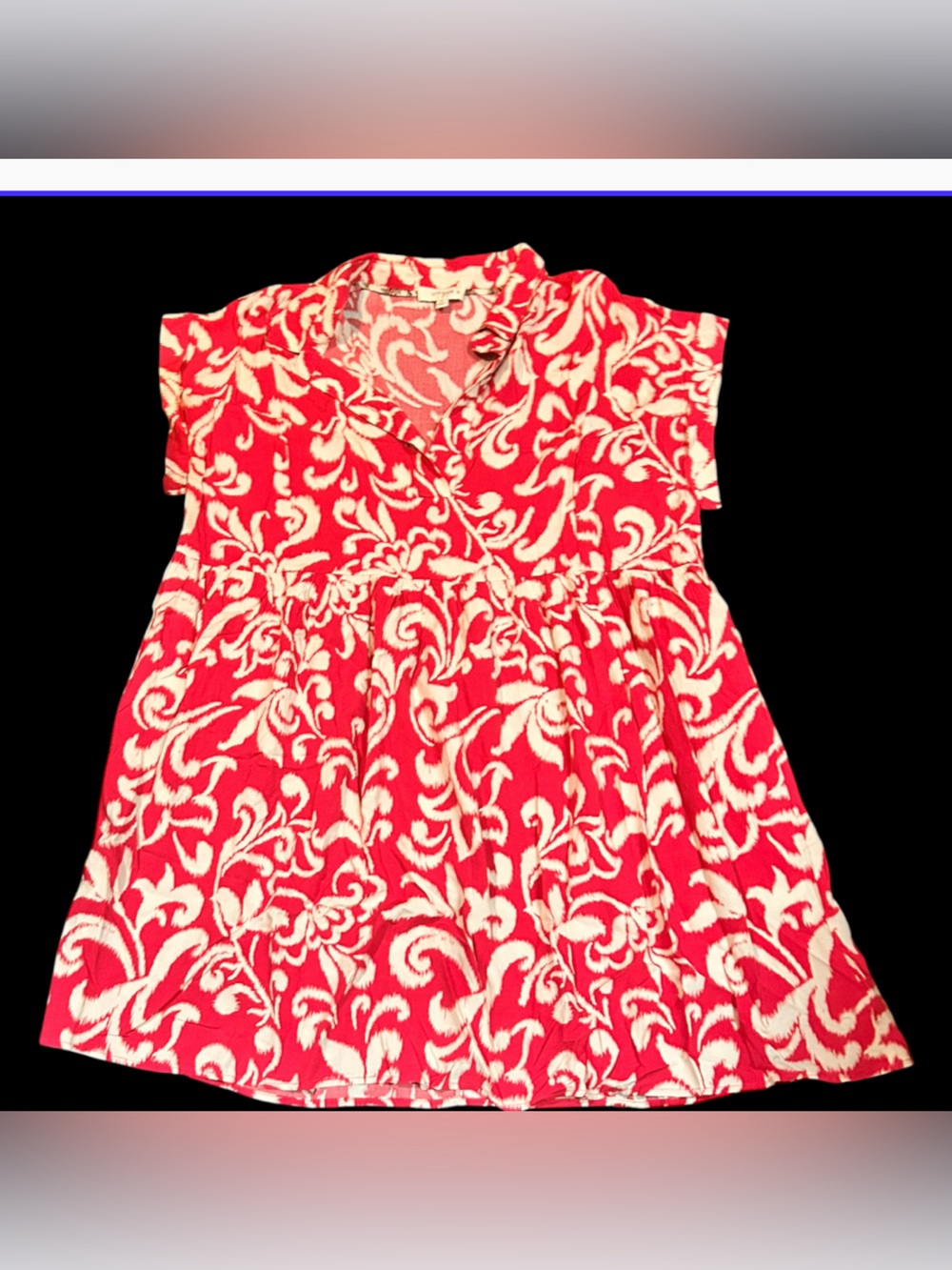 Umgee Red and Cream Short Folded Sleeve V-Neck Collared Babydoll Dress